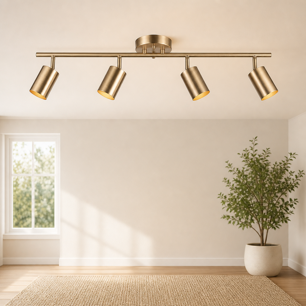 4-Light Track Light — Matte Brass, Four Pivoting Heads centered in a warm neutral furnished room