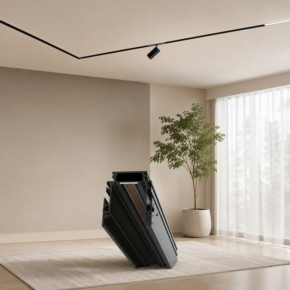 Recessed 24V Magnetic Track Rail — Trimless Flush Ceiling Track, 3.3 ft & 1.65 ft centered in a warm neutral furnished room