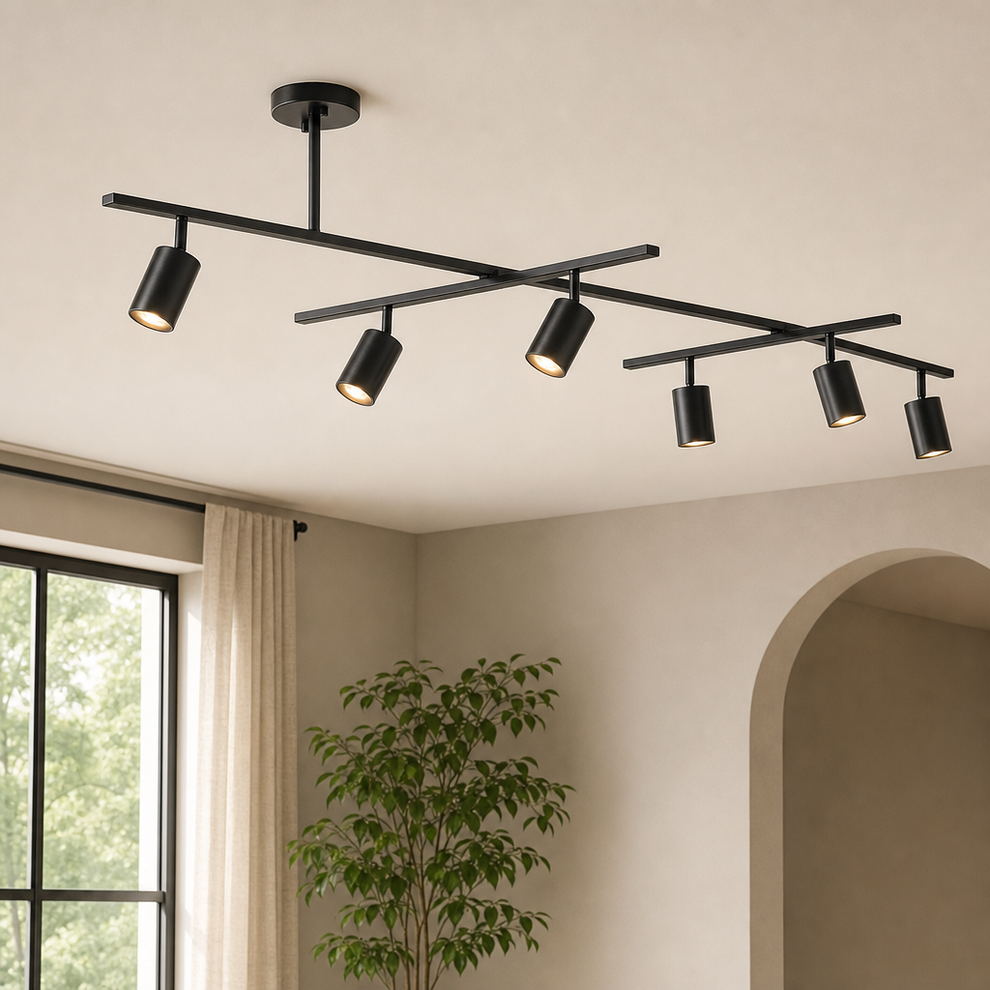 64-Inch 6-Light Track Lighting Fixture, Matte Black, Dimmable, GU10 centered in a warm neutral furnished room