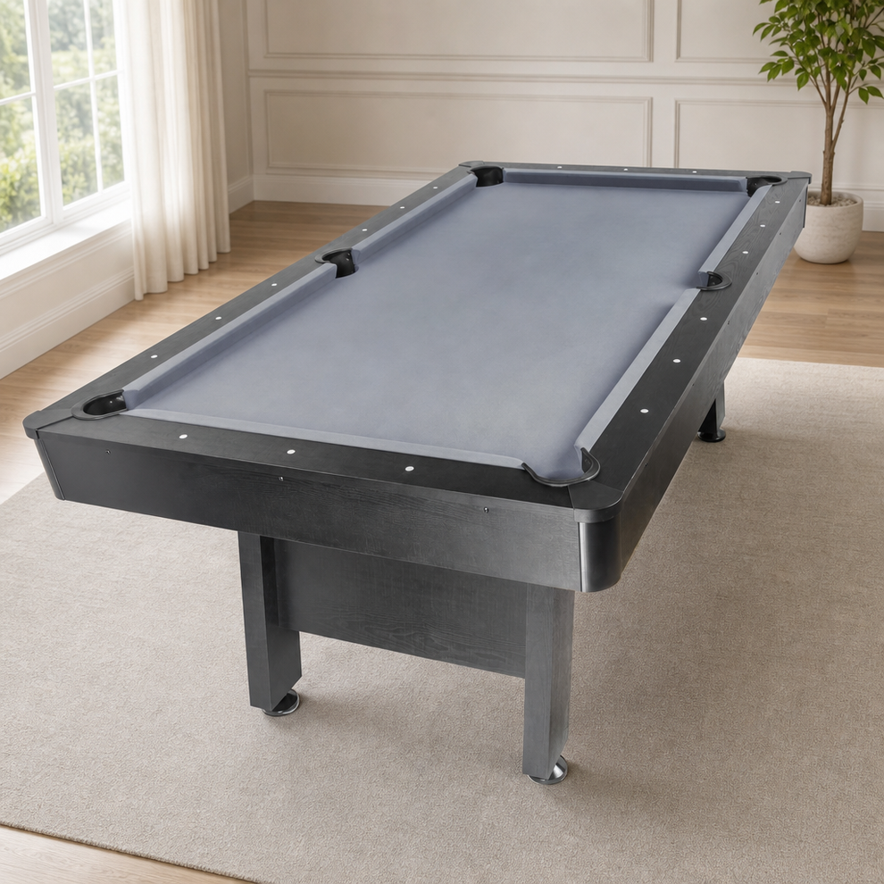 7 & 8 ft Pool Table — Gray, Green or Black Felt centered in a warm neutral furnished room