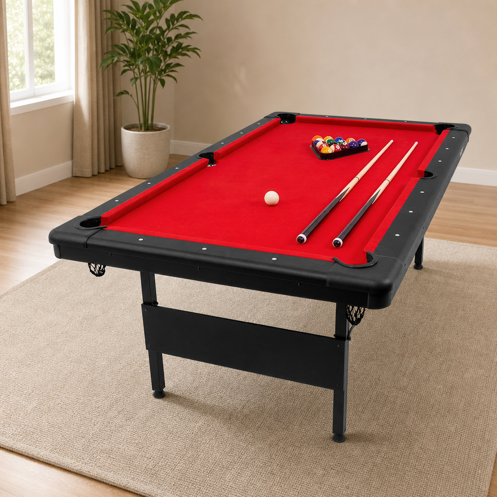 Foldable Mid-Size Billiards Table — 6/7/8 ft, Felt Surface, Foldable Legs, Accesso centered in a warm neutral furnished room