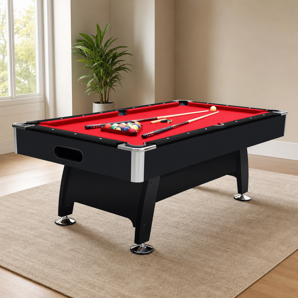 7-Foot Regulation-Inspired Pool Table — Red Felt, Black or Brown Body centered in a warm neutral furnished room
