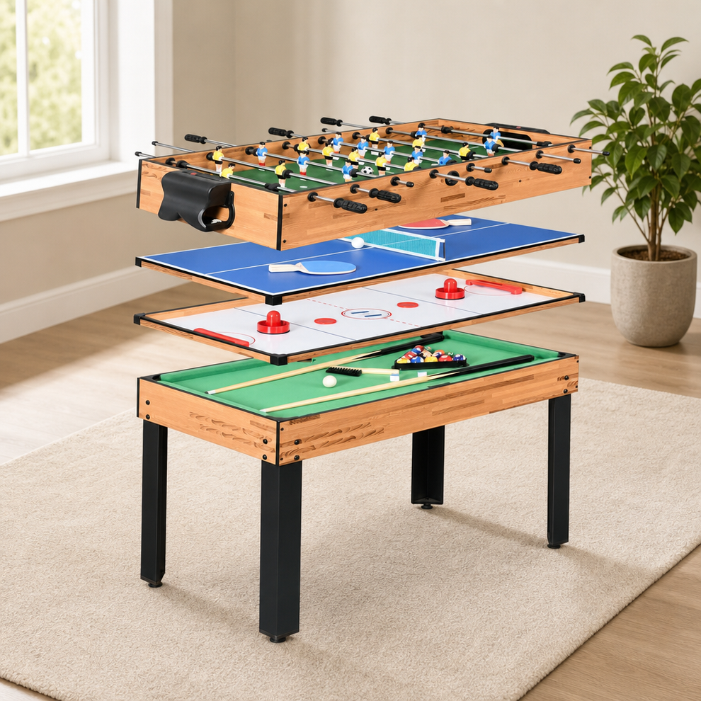 4-in-1 Multi-Game Table — Foosball, Ping Pong, Air Hockey & Billiards, 48 x 24 in centered in a warm neutral furnished room