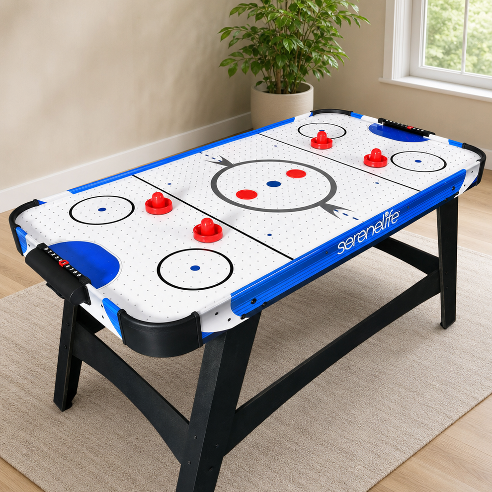 Air Hockey Table 58" 2v2 Arcade Style — 54" x 27" Play Surface, 700mA Blower centered in a warm neutral furnished room