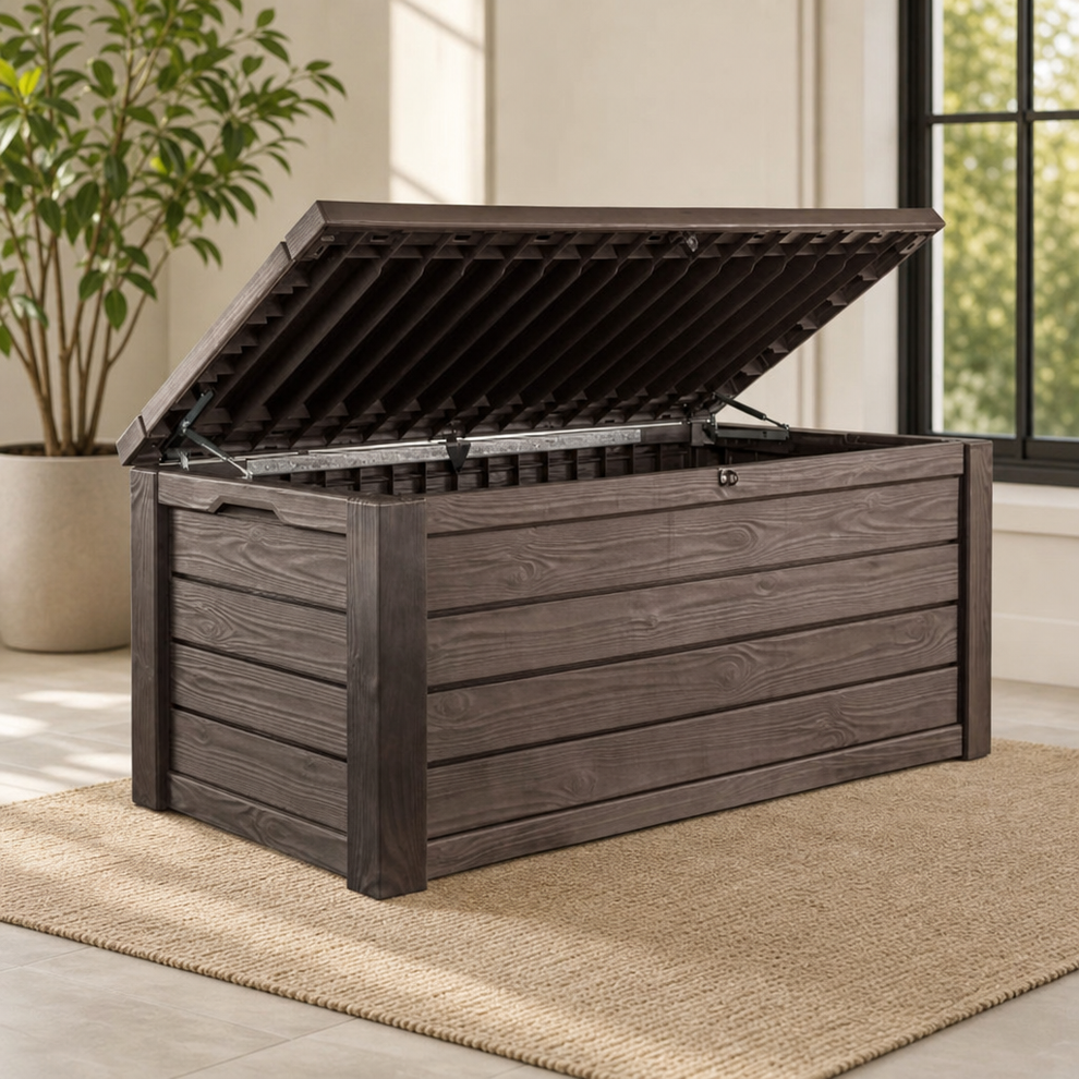 150-Gallon Resin Deck Box Storage Bench — Lockable Easy-Lift Lid, Wood-Textured centered in a warm neutral furnished room