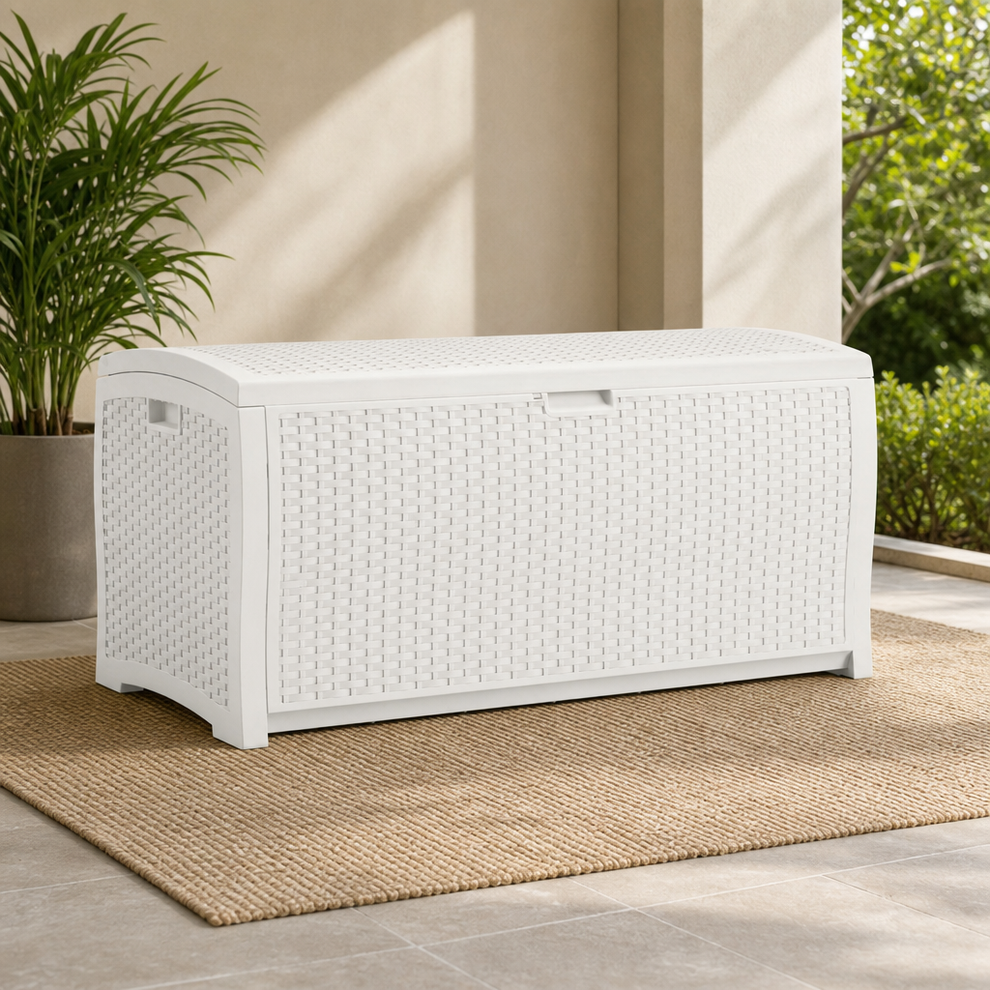 Deck Box 99-Gallon Wicker-Style Poly Resin Horizontal with Hinged Lid — White centered in a warm neutral furnished room