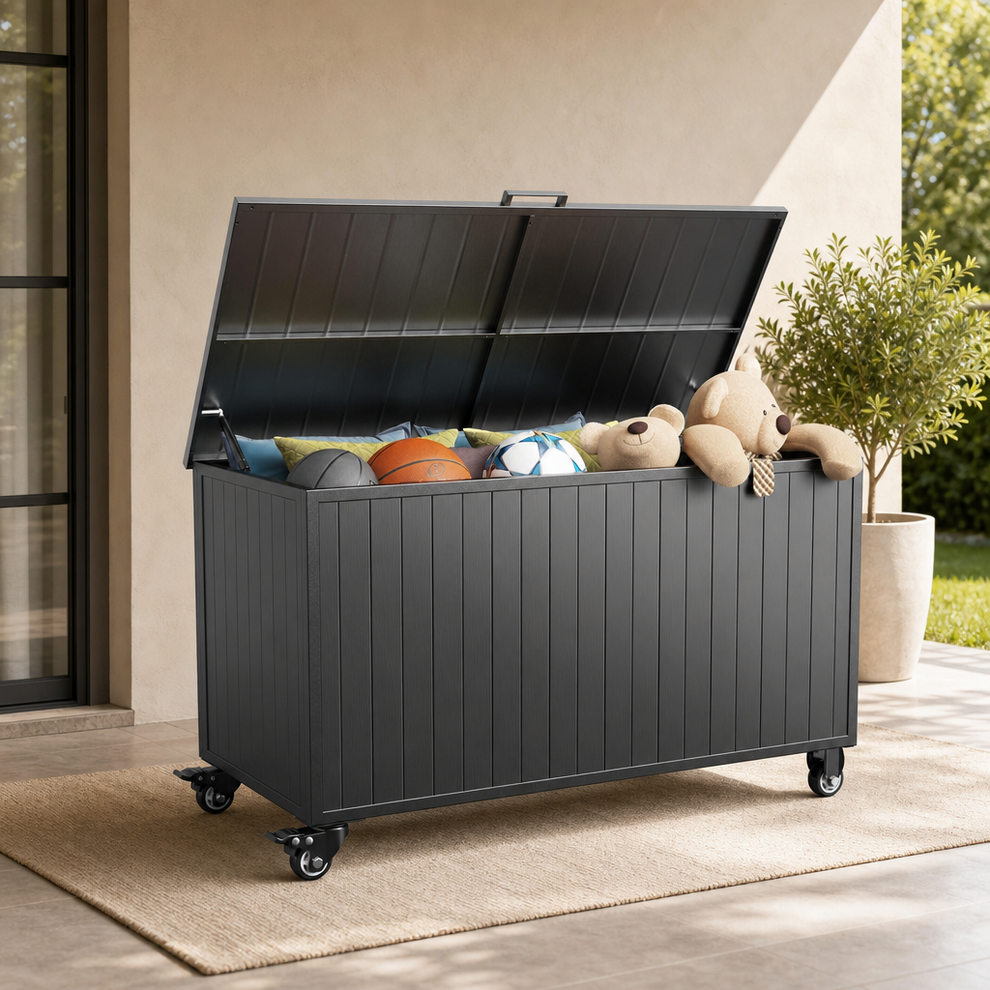 Outdoor Storage Box with Wheels & Gas‑Strut Soft‑Close Lid — 150 & 250 Gallon centered in a warm neutral furnished room
