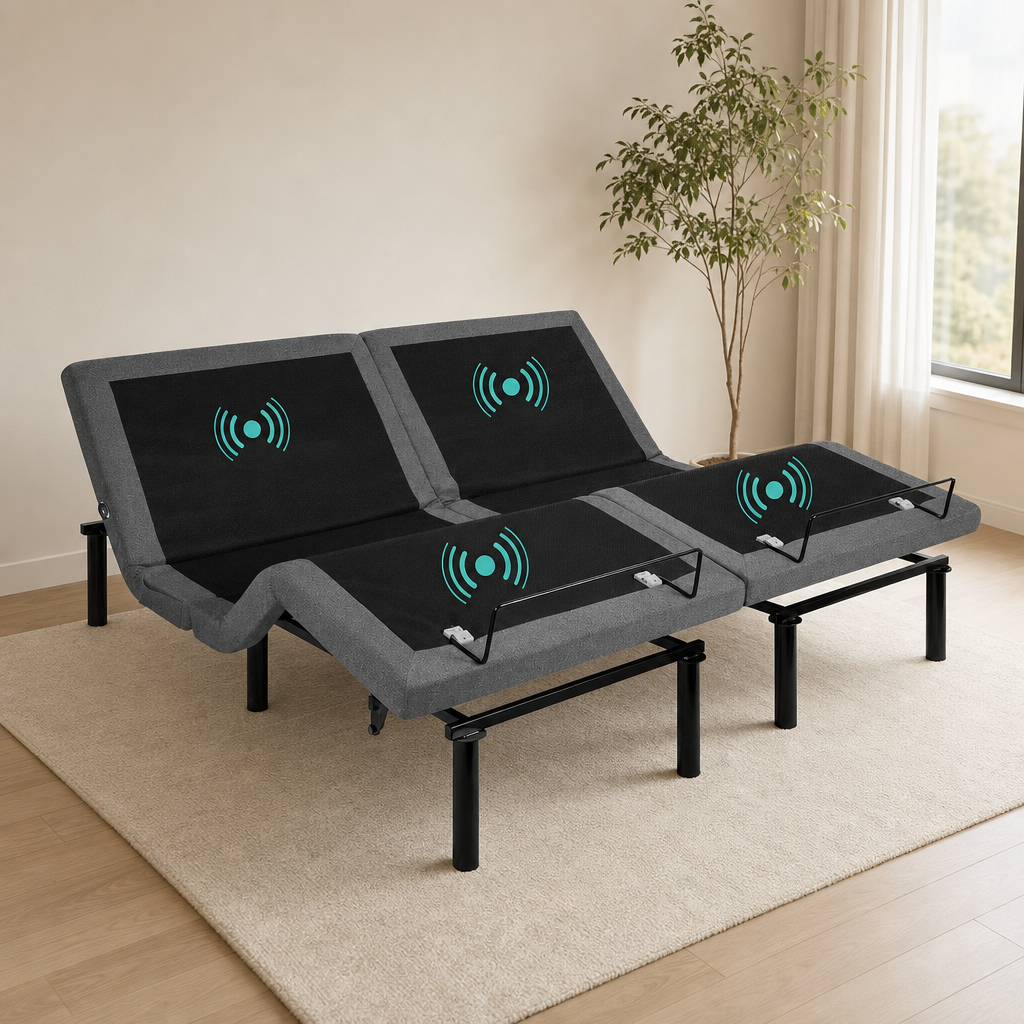 Adjustable Electric Bed Base — Massage, USB Charging & LED Night Lights, Split Kin centered in a warm neutral furnished room