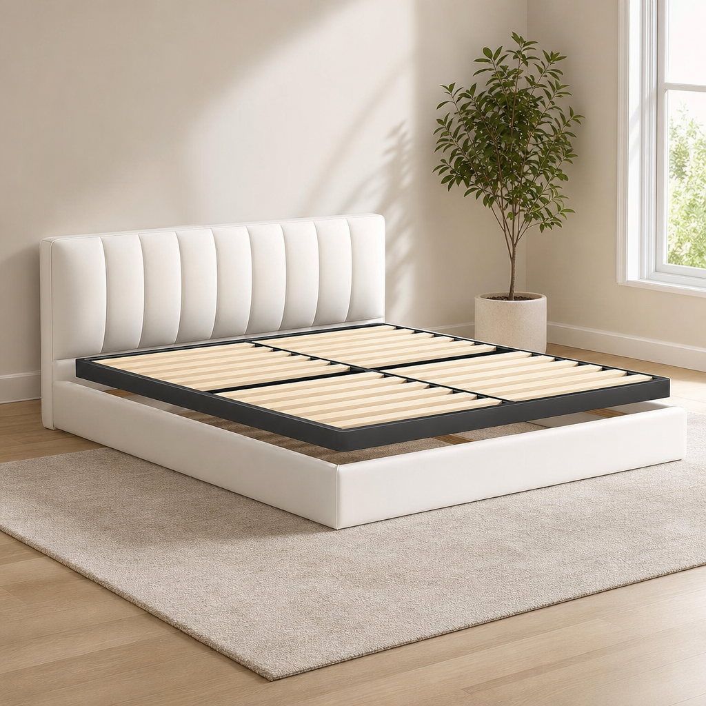 Metal box spring with wooden slats shown on a white low platform bed, angled front view