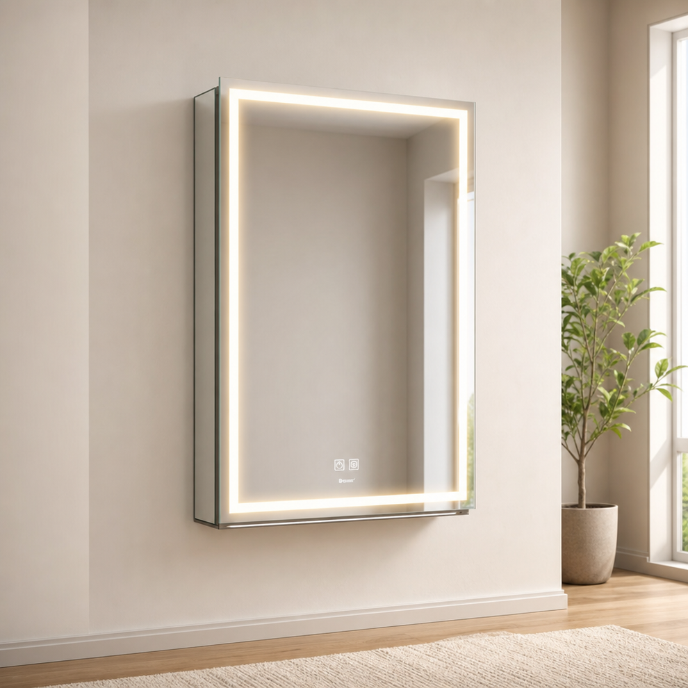 LED Mirror Medicine Cabinet with Adjustable Lighting, USB & Defogger centered in a warm neutral furnished room