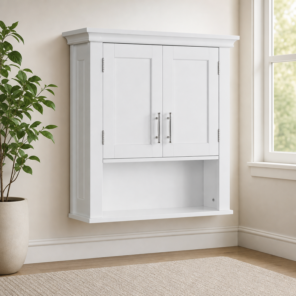 Two-Door Wall Medicine Cabinet with Open Shelf, Painted MDF, 22.8"W x 7.9"D x 24.5 centered in a warm neutral furnished room