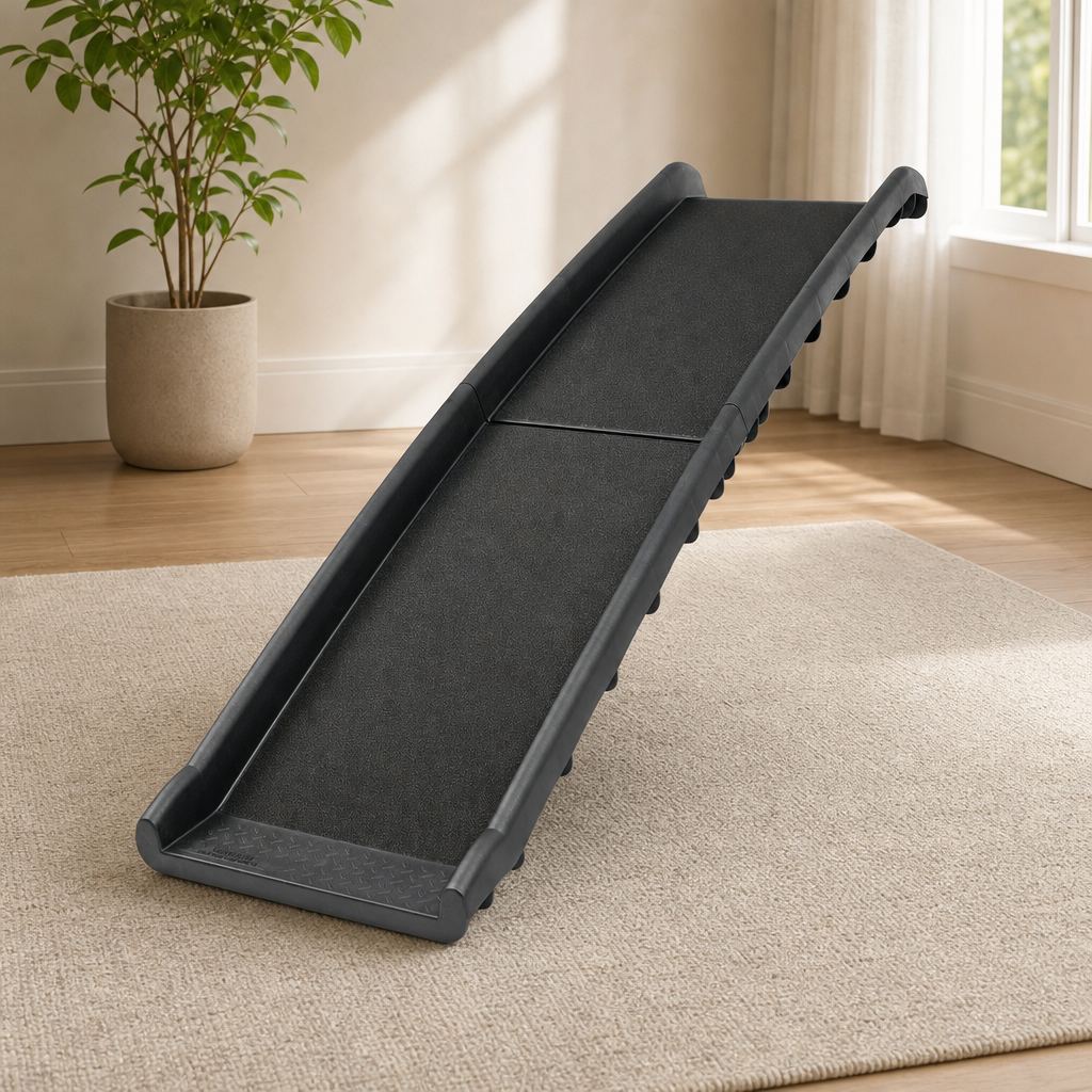 Folding Dog Ramp 62 in — 150 lb Capacity, Folds for Travel centered in a warm neutral furnished room