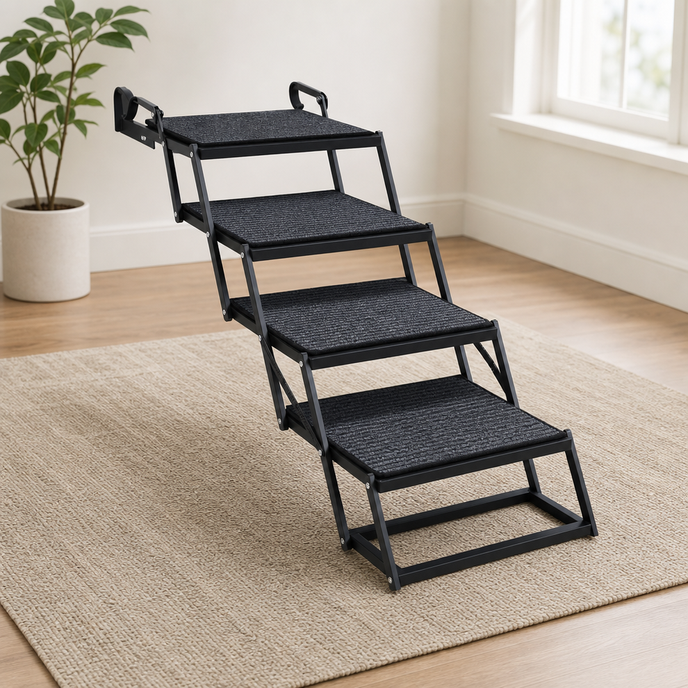 Dog Steps for Car — Foldable Steel Frame with Non-Slip Rug, Black (4- or 5-Step) centered in a warm neutral furnished room