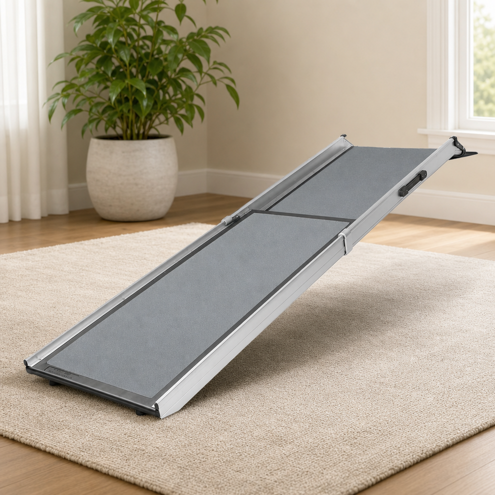 Deluxe Telescoping Pet Ramp — Aluminum, Adjustable 39–72 in, 400 lb Capacity centered in a warm neutral furnished room