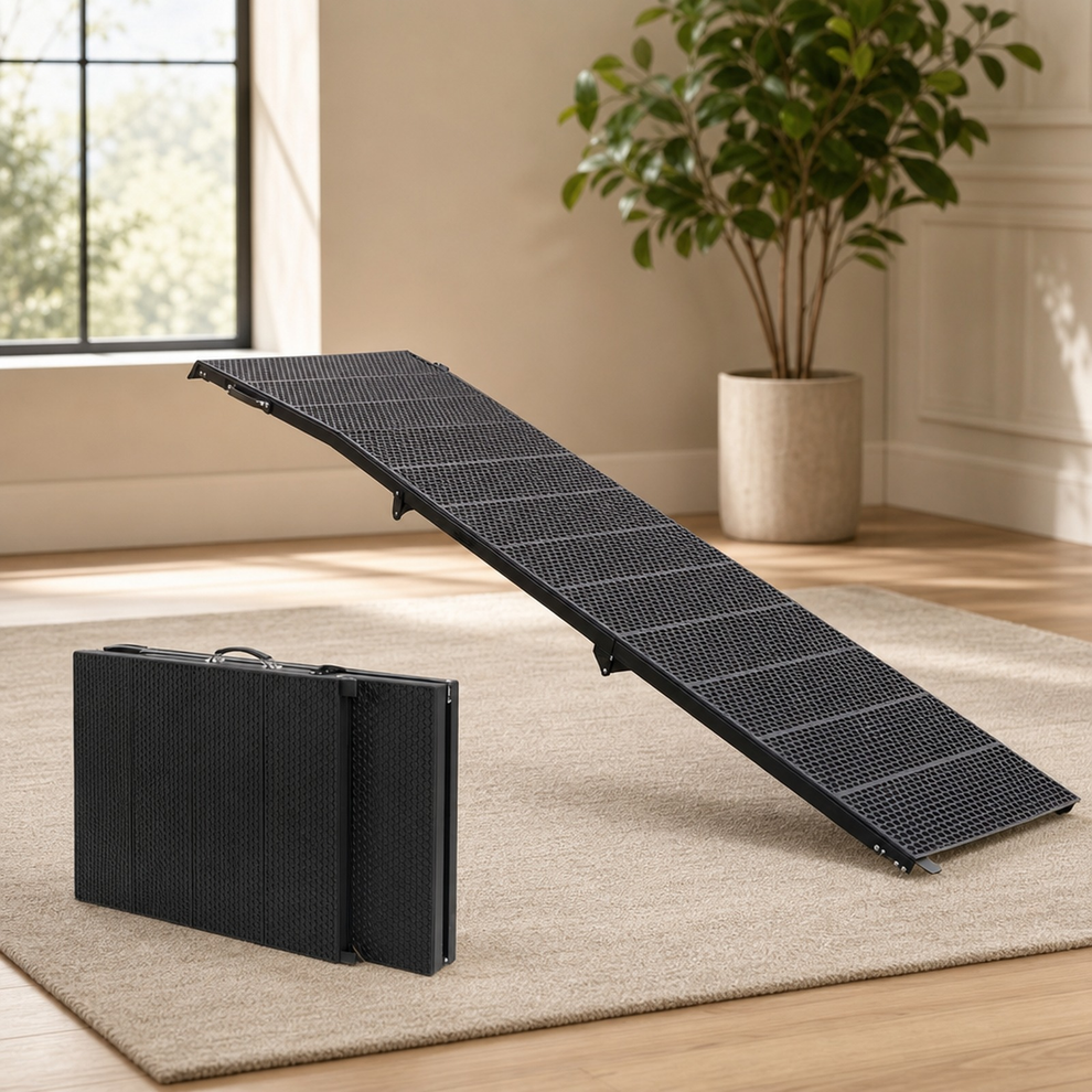 Folding Dog Ramp — Tri-Fold Metal Frame with Carry Handle & Safety Carabiner, 71"  centered in a warm neutral furnished room