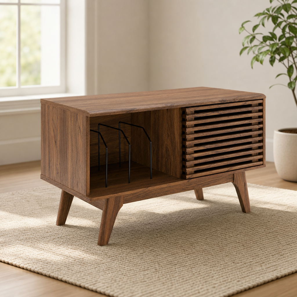 Modway Vinyl Record Display Stand, Mid-Century Walnut centered in a warm neutral furnished room