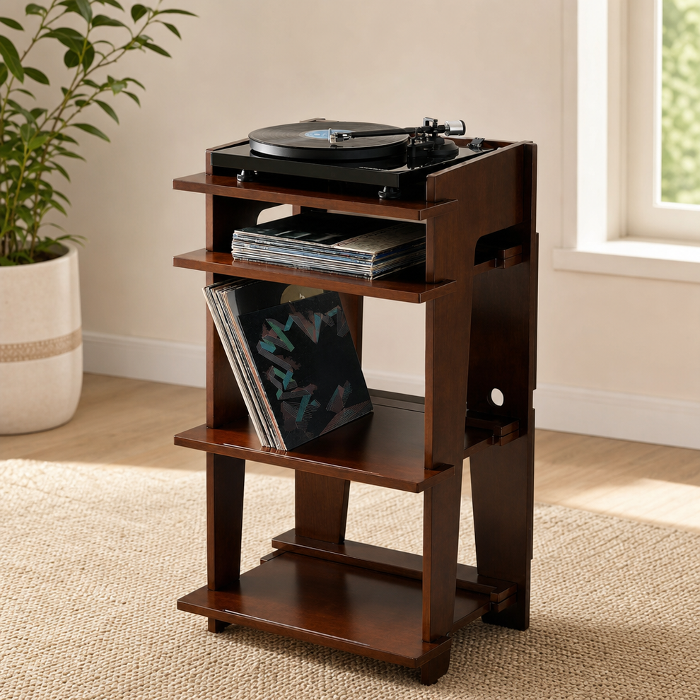 Player Stand & Media Console with Vinyl Storage centered in a warm neutral furnished room