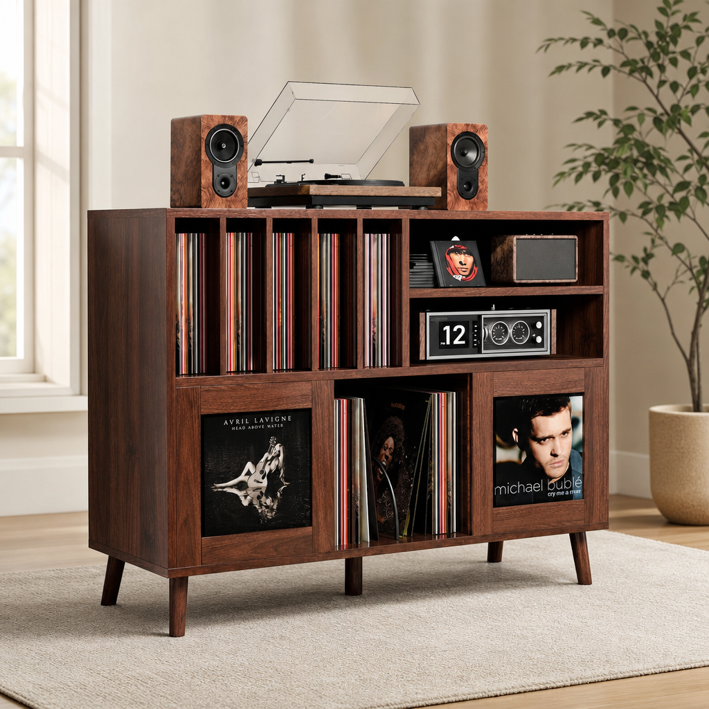 Record Player Stand with Sliding Doors and Built-In Charging Station, Walnut — Hol centered in a warm neutral furnished room