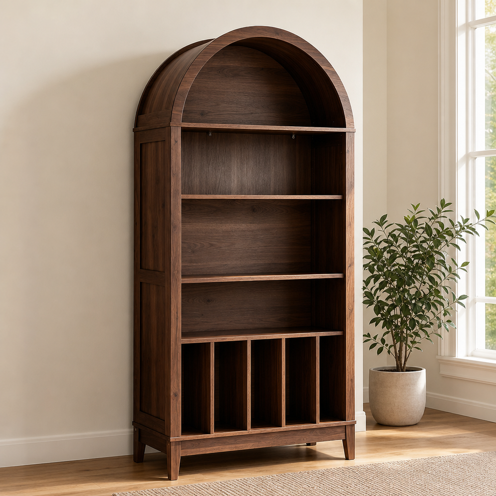 5-Tier Record Player Stand & Vinyl Storage Cabinet, Walnut centered in a warm neutral furnished room