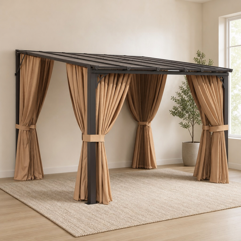 Lean-to Gazebo Pergola with Polycarbonate Roof — Wall-Mount, Curtain & Net Compati centered in a warm neutral furnished room