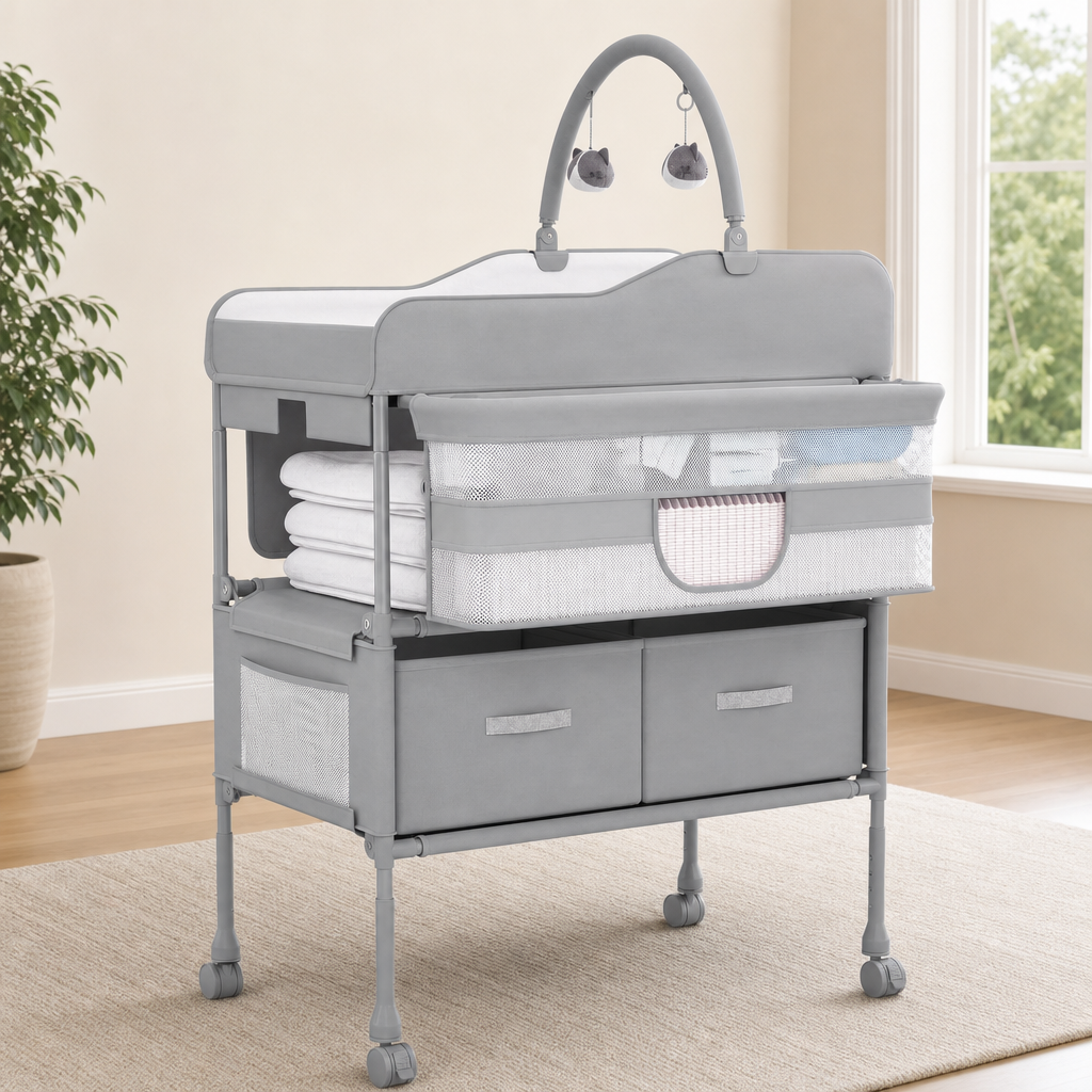 Folding Mobile Baby Changing Table — Adjustable Height, Waterproof Pad, 2 Drawers centered in a warm neutral furnished room