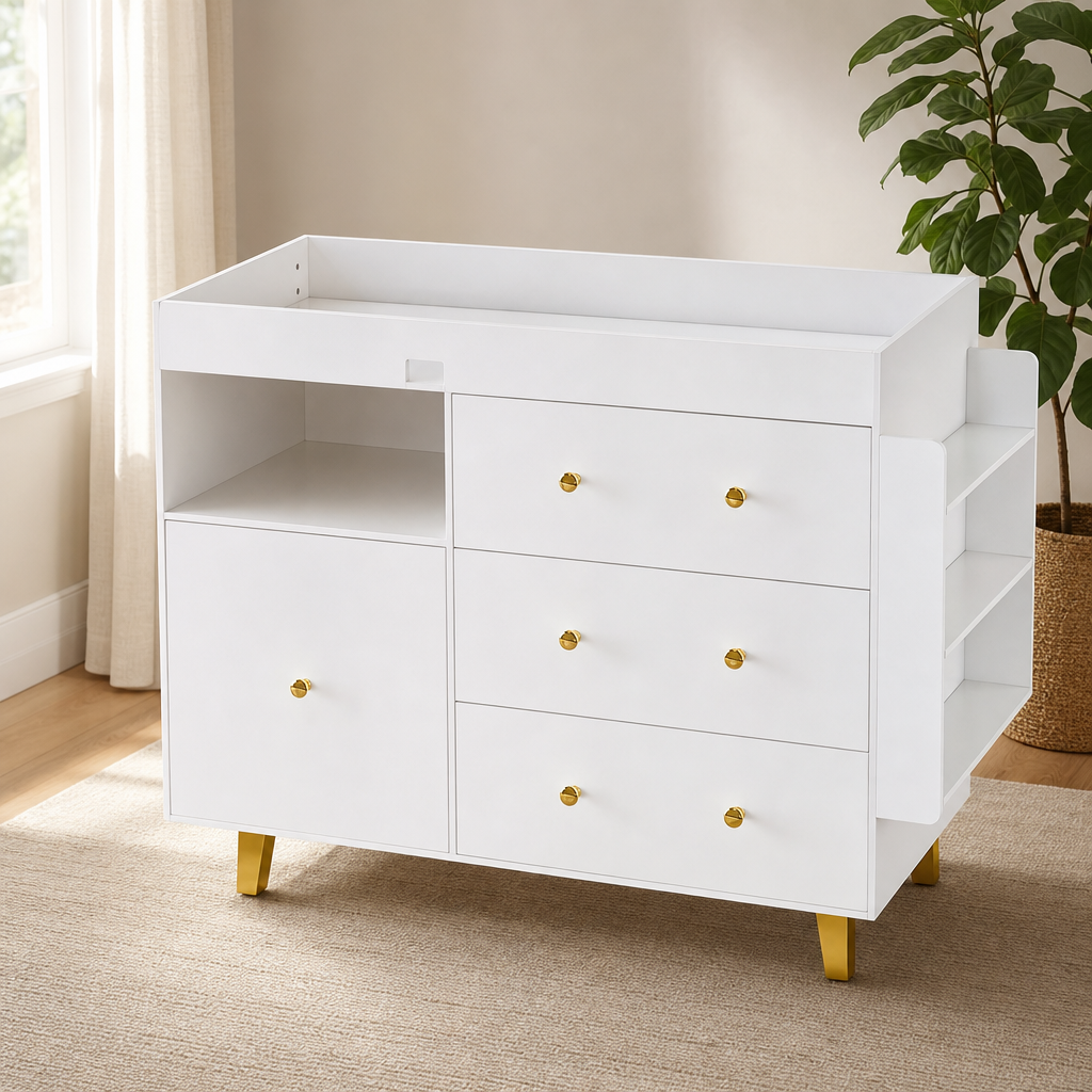 Baby Changing Table Dresser with Open Shelves & Top Storage centered in a warm neutral furnished room