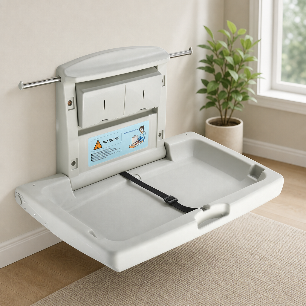 Wall-Mounted Fold-Down Baby Changing Station centered in a warm neutral furnished room