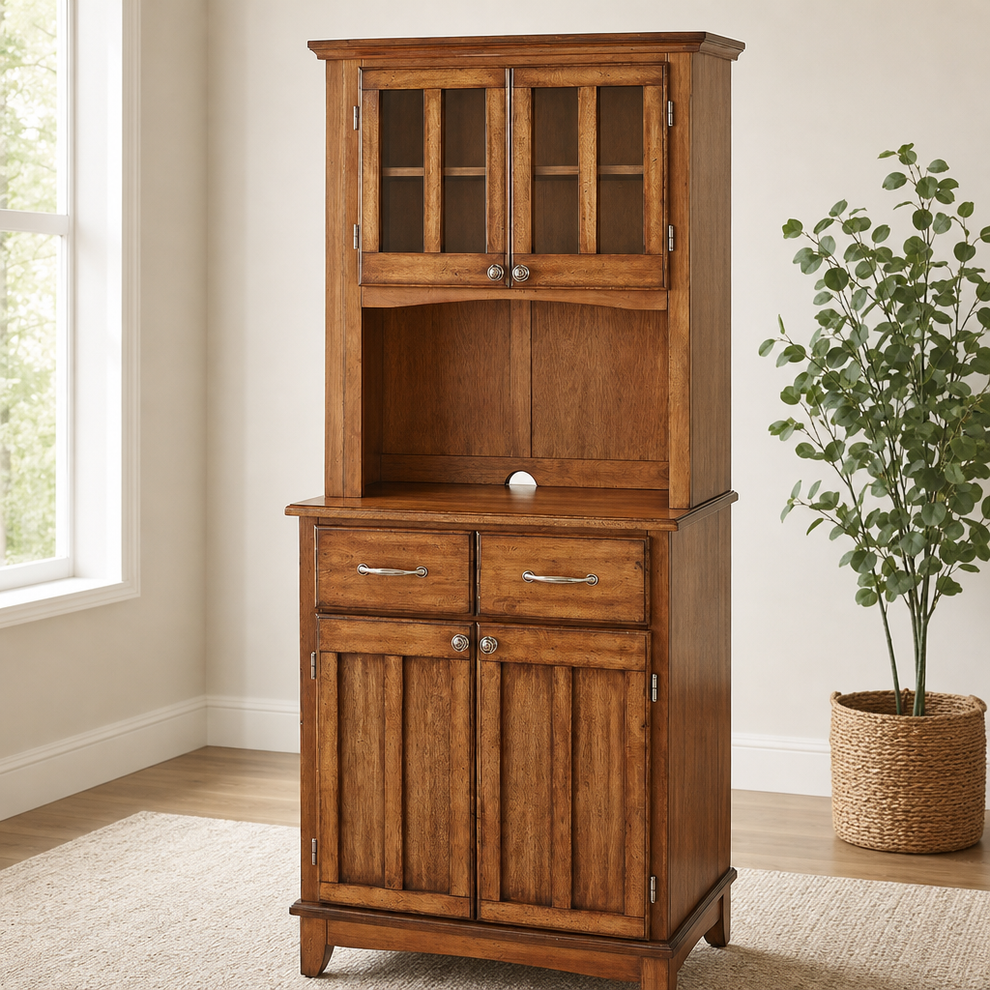 Buffet Server with Hutch — Cottage Oak Hardwood Top & Wood‑Framed Glass Doors centered in a warm neutral furnished room