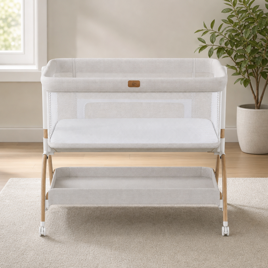 3‑in‑1 Baby Bassinet & Bedside Sleeper with Mattress and Pre‑Installed Sheet centered in a warm neutral furnished room