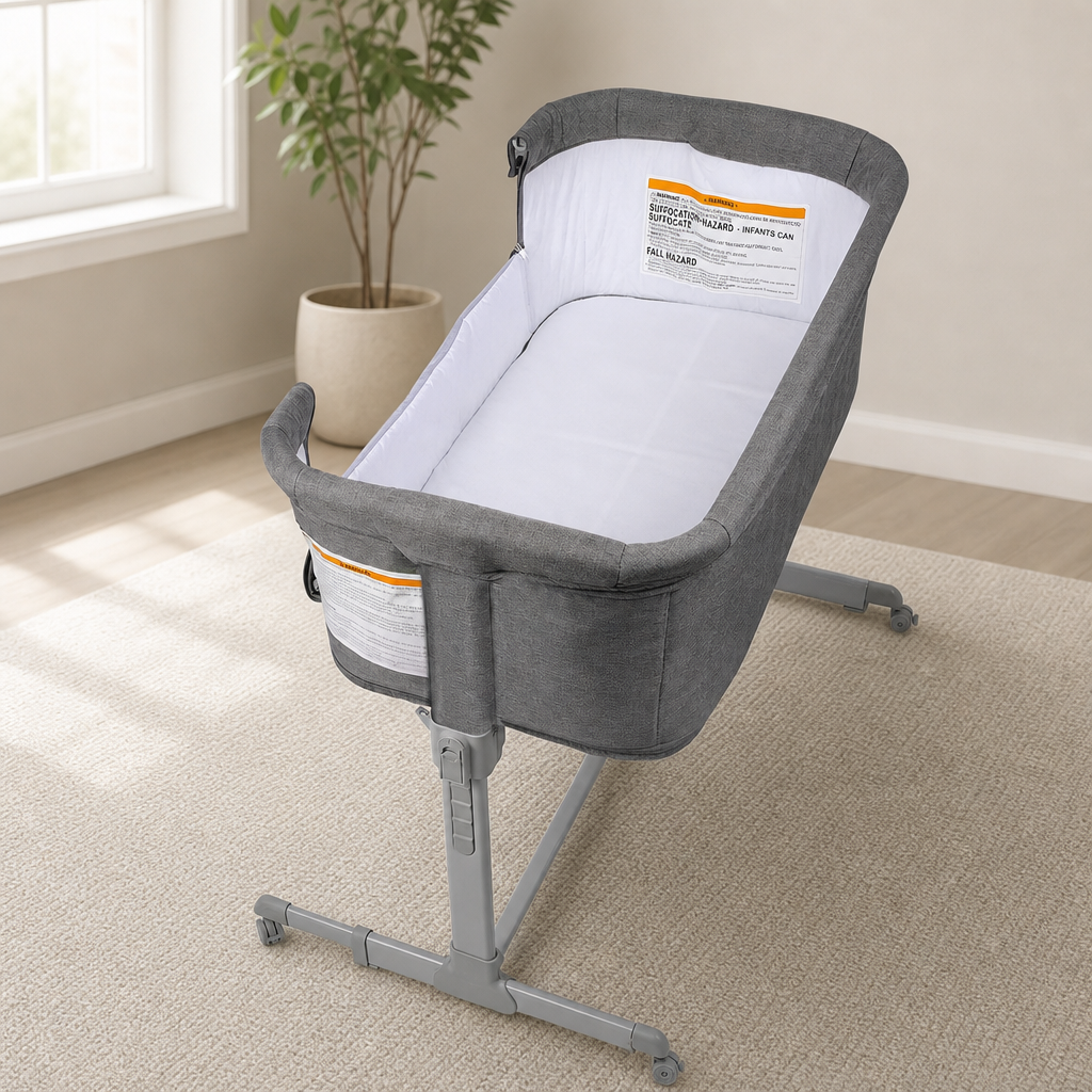 3-in-1 Baby Bassinet, Bedside Sleeper & Travel Playpen centered in a warm neutral furnished room