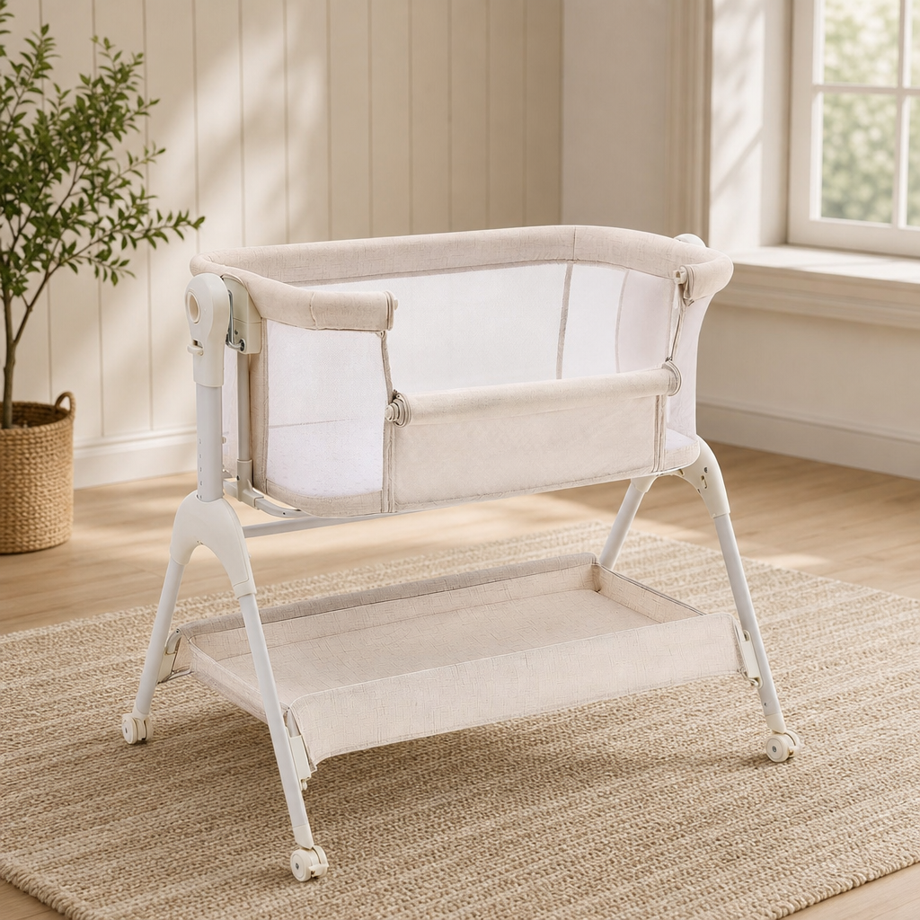 Bedside Bassinet with Mesh Sides, Adjustable Heights and Included Mattress centered in a warm neutral furnished room