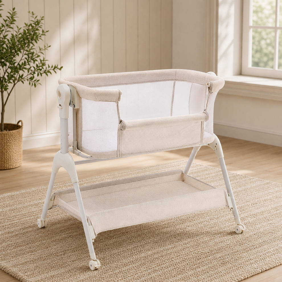 Bedside Bassinet with Mesh Sides, Adjustable Heights and Included Mattress centered in a warm neutral furnished room