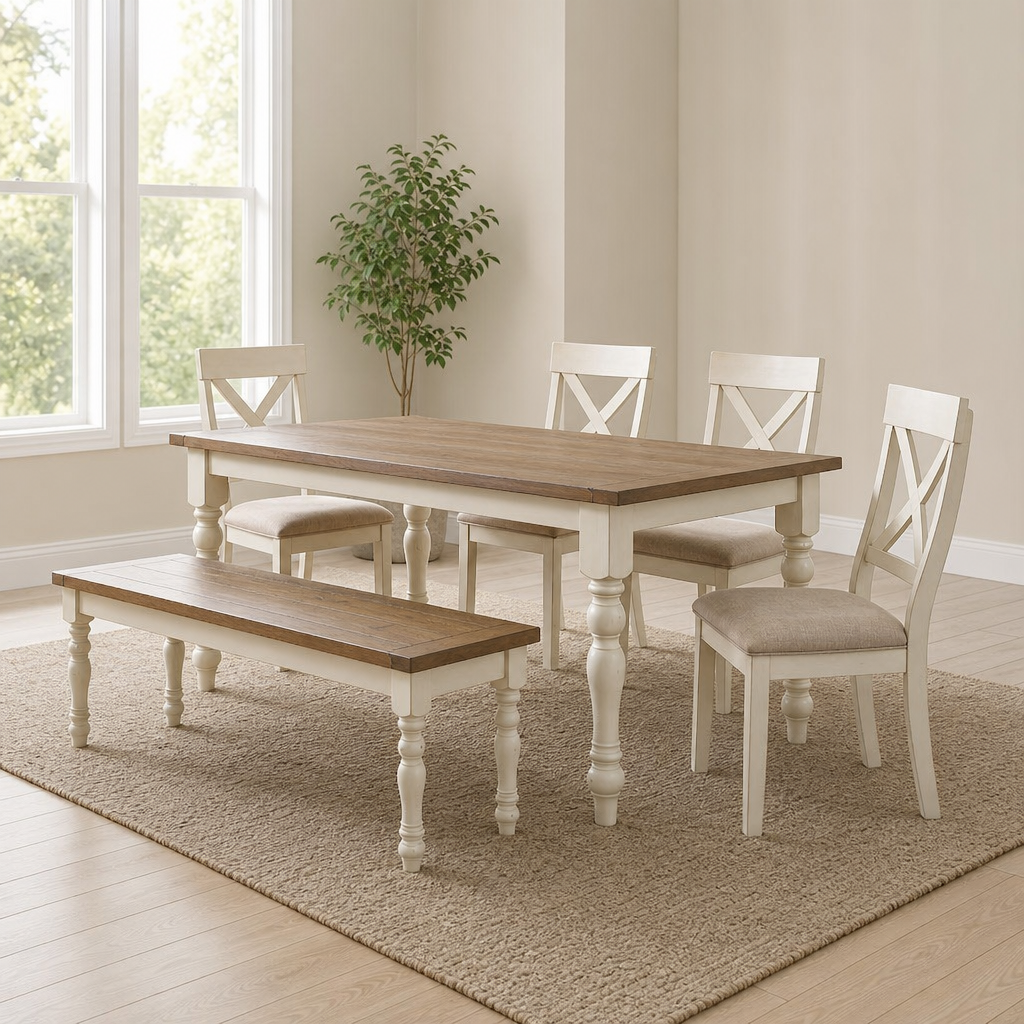 6-Piece Dining Set with Bench — Cross-Back Chairs, Antique White & Distressed Oak centered in a warm neutral furnished room