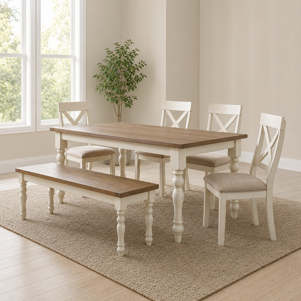 6-Piece Dining Set with Bench — Cross-Back Chairs, Antique White & Distressed Oak centered in a warm neutral furnished room