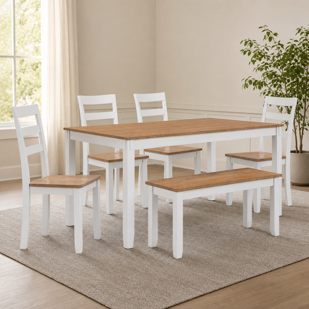 Two-Tone Dining Set with Mango Veneer Top — 5- or 6-Piece centered in a warm neutral furnished room