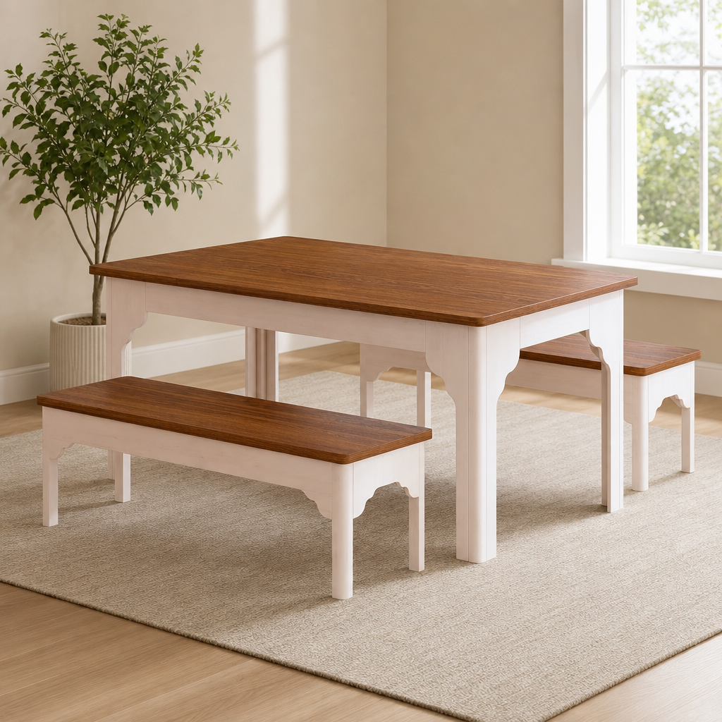 3-Piece Farmhouse Dining Table Set with 2 Benches, Brown and White centered in a warm neutral furnished room