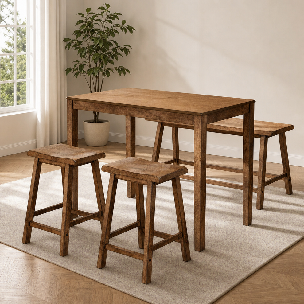 Counter-Height Solid Rubber Wood Dining Set with Bench and Stools centered in a warm neutral furnished room