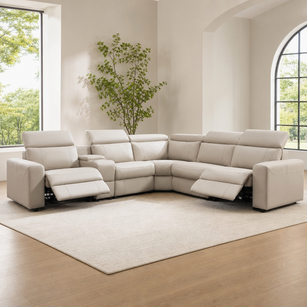 5-Seater Power Reclining Sectional Sofa with Console, Cup Holders & Leathaire Upho centered in a warm neutral furnished room