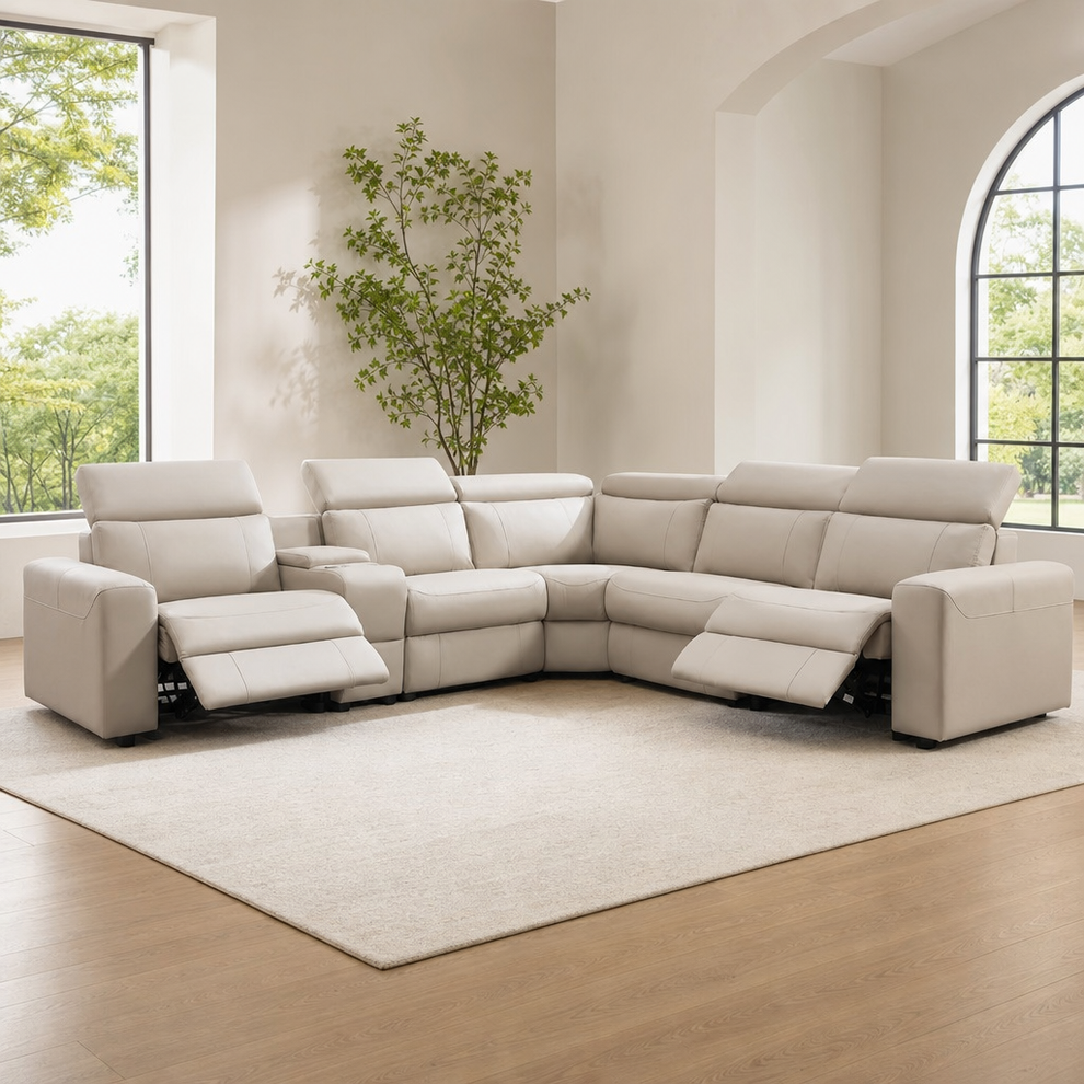 5-Seater Power Reclining Sectional Sofa with Console, Cup Holders & Leathaire Upho centered in a warm neutral furnished room
