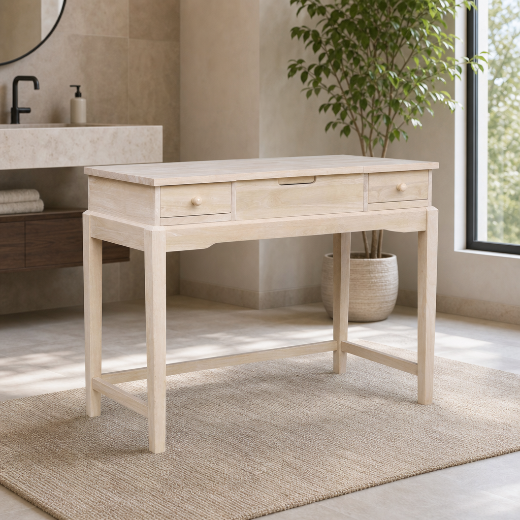 Vanity Table Solid Parawood with Flip-Up Mirror and Storage centered in a warm neutral furnished room