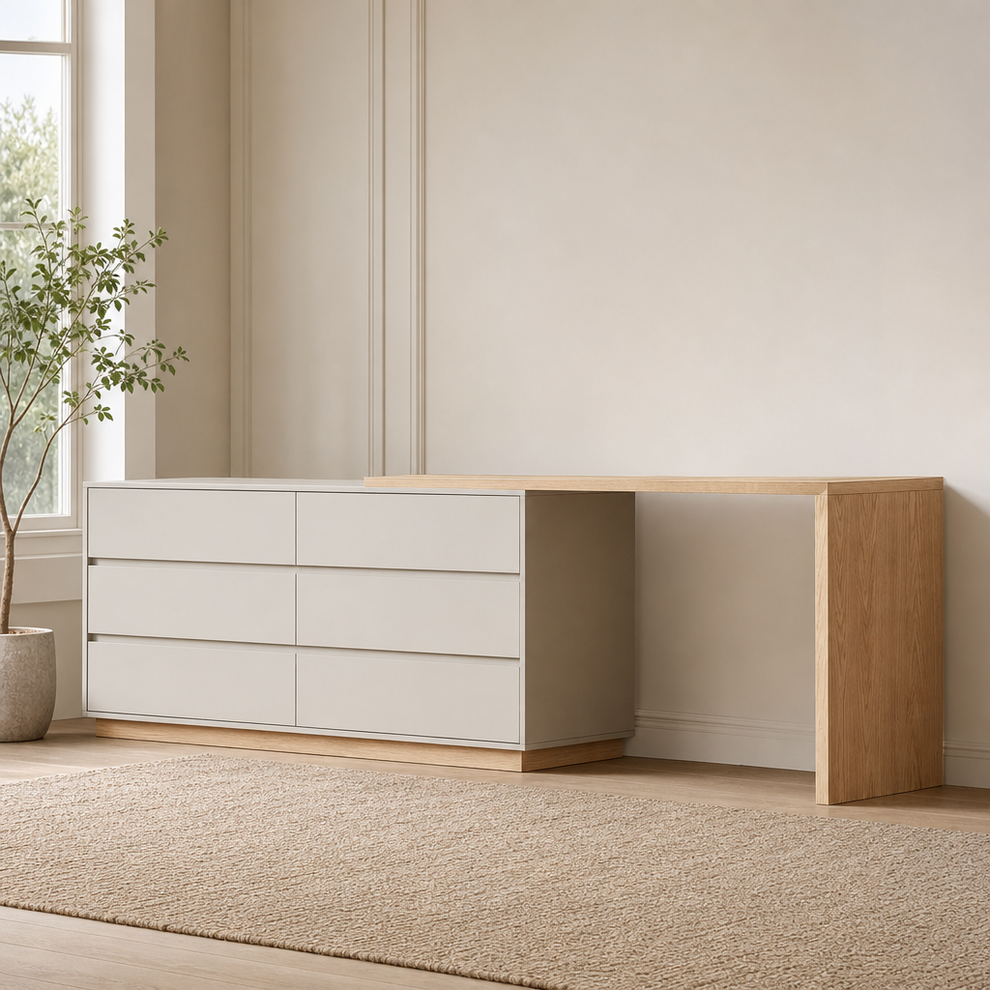 Modern Expandable Makeup Vanity Desk — 6 Drawers, 56–98.5 in centered in a warm neutral furnished room