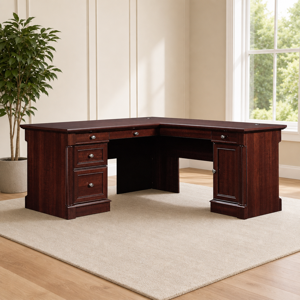 L-Shaped Office Desk with Flip-Down Panel, File Drawer and CPU Storage centered in a warm neutral furnished room