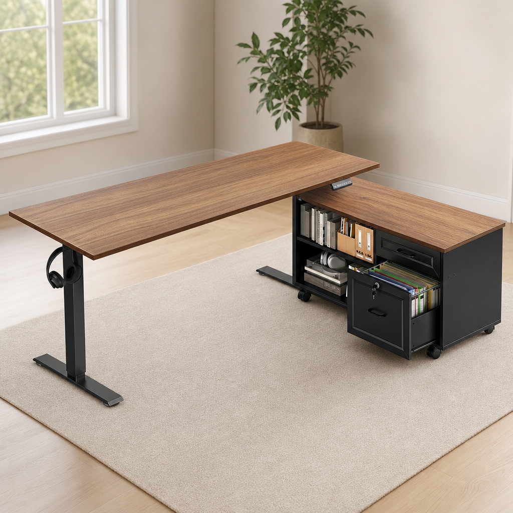 L-Shaped Electric Height-Adjustable Standing Desk with Mobile File Cabinet, Dual-B centered in a warm neutral furnished room