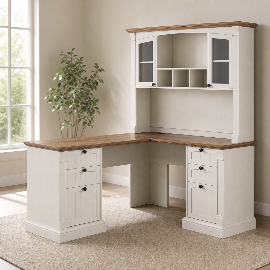 L-Shaped Farmhouse Executive Desk with 42 in Hutch & Charging Station, Antique Whi centered in a warm neutral furnished room