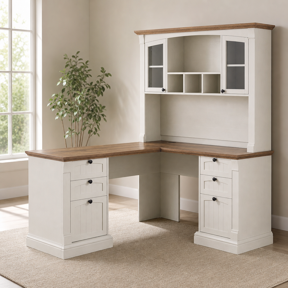 L-Shaped Farmhouse Executive Desk with 42 in Hutch & Charging Station, Antique Whi centered in a warm neutral furnished room