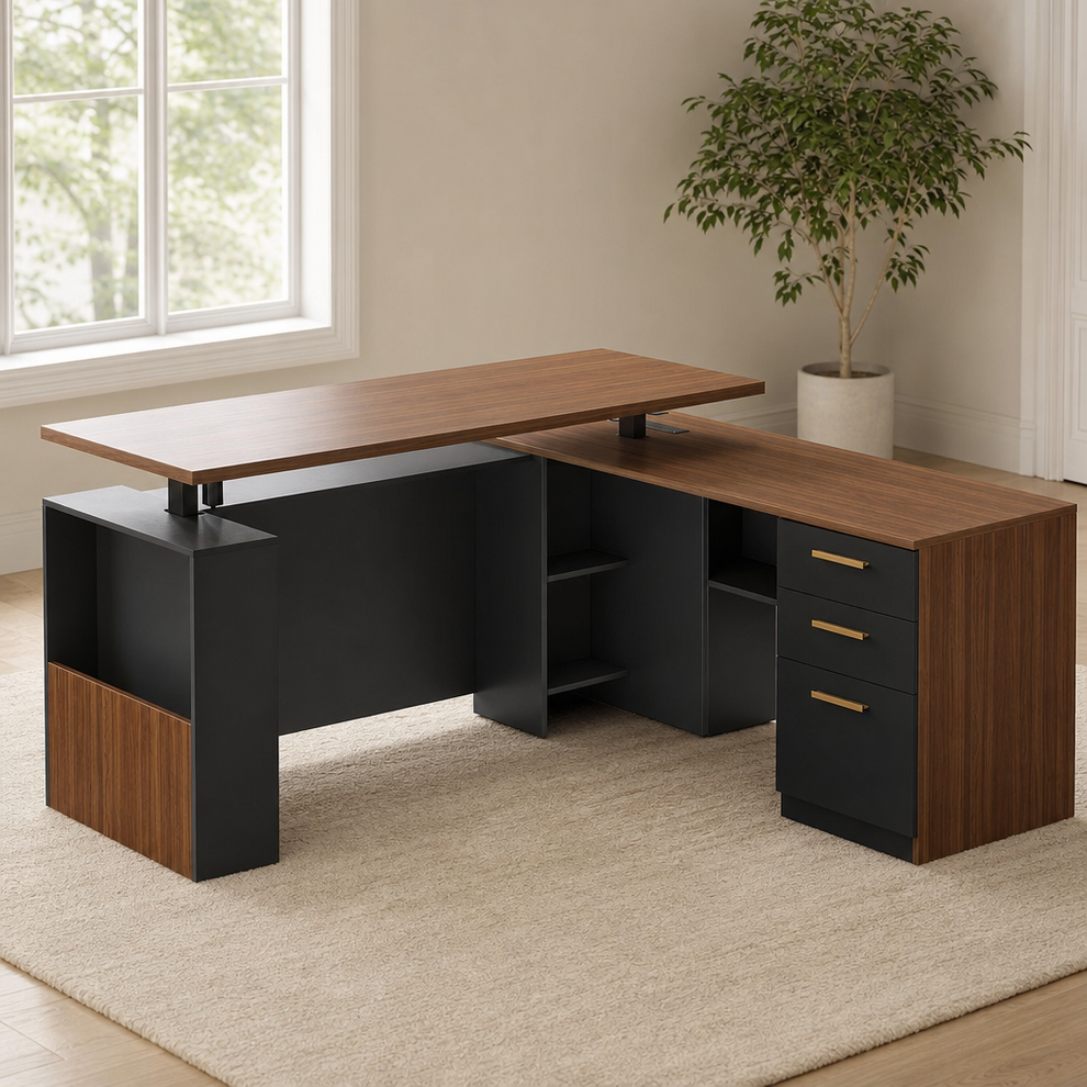 63" L-Shaped Electric Standing Desk with 3 Drawers, Privacy Panel & AC/USB centered in a warm neutral furnished room