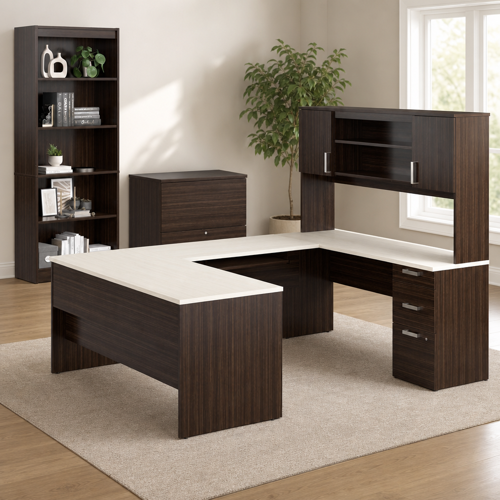 U-shaped office desk set with dark wood panels and light laminate top in a staged office