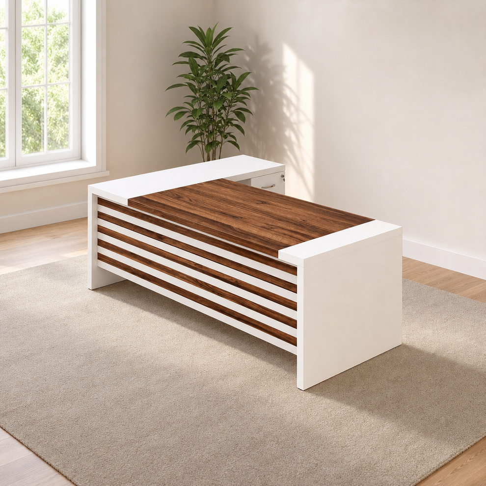 L-Shaped Executive Desk, Right-Side — White & Rustic Brown, 86.61 x 62.99 in centered in a warm neutral furnished room