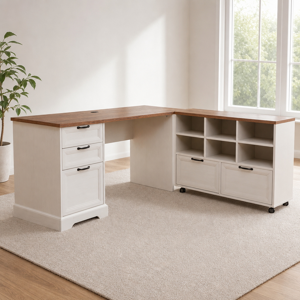 L-Shaped Executive Desk with Mobile File Cabinet & Charging Station, 60" centered in a warm neutral furnished room