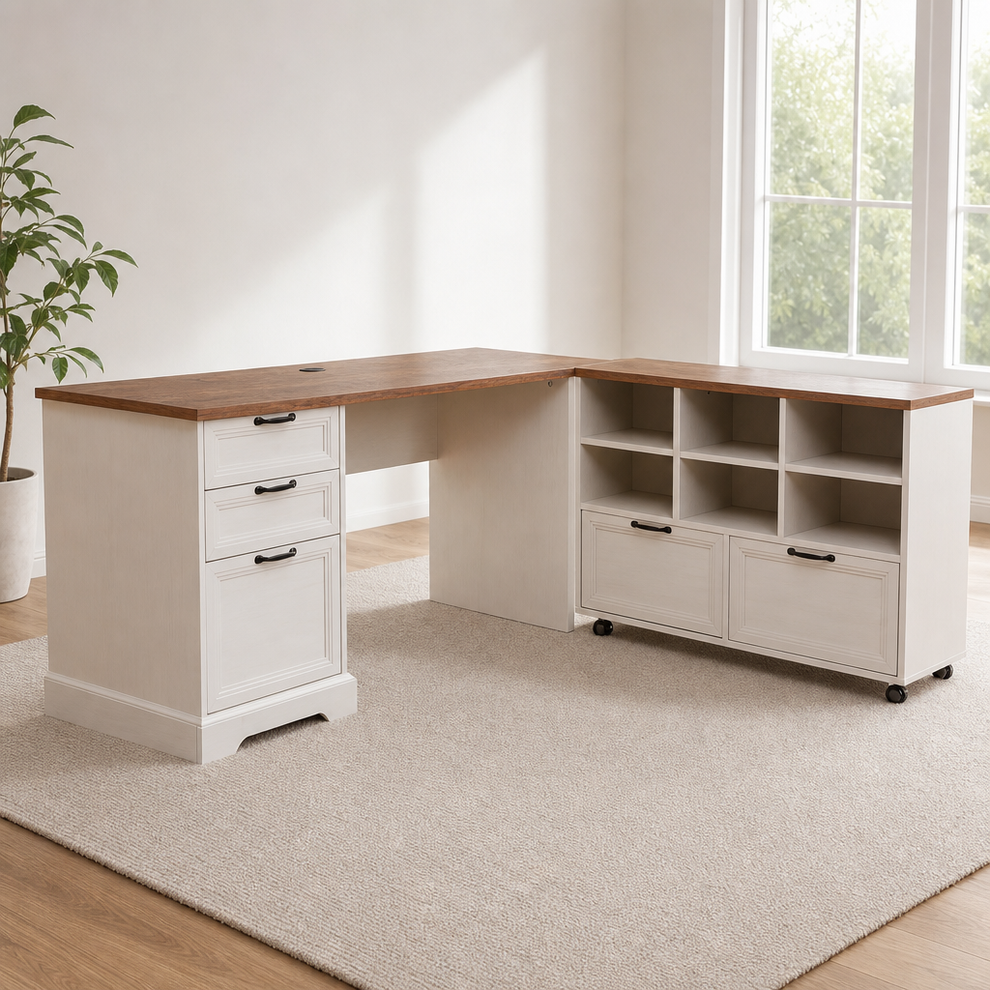 L-Shaped Executive Desk with Mobile File Cabinet & Charging Station, 60" centered in a warm neutral furnished room